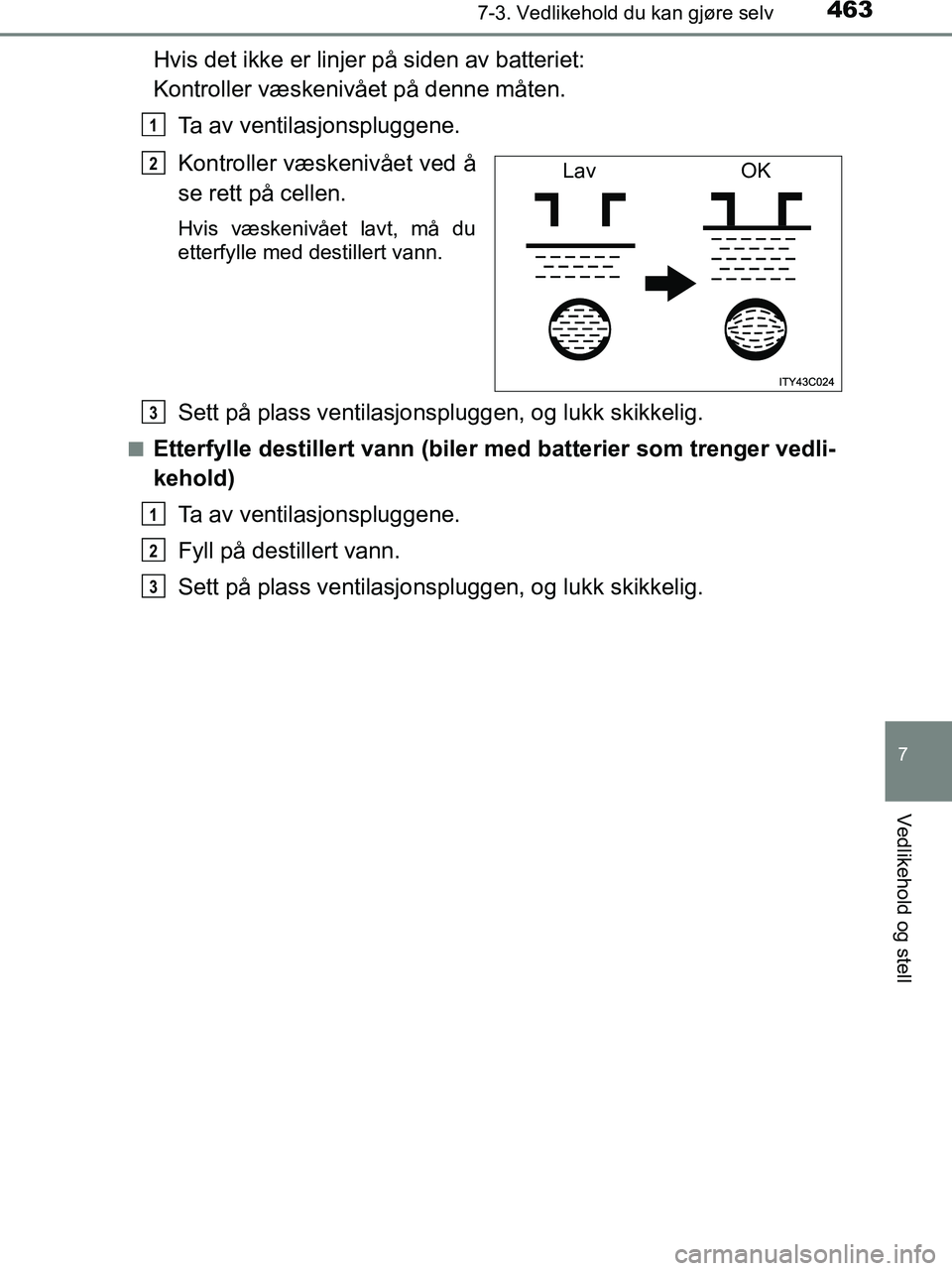 TOYOTA HILUX 2019  Instruksjoner for bruk (in Norwegian) 4637-3. Vedlikehold du kan gjøre selv
HILUX_OM_OM0K375NO_(EE)
7
Vedlikehold og stell
Hvis det ikke er linjer på siden av batteriet: 
Kontroller væskenivået på denne måten.
Ta av ventilasjonsplug