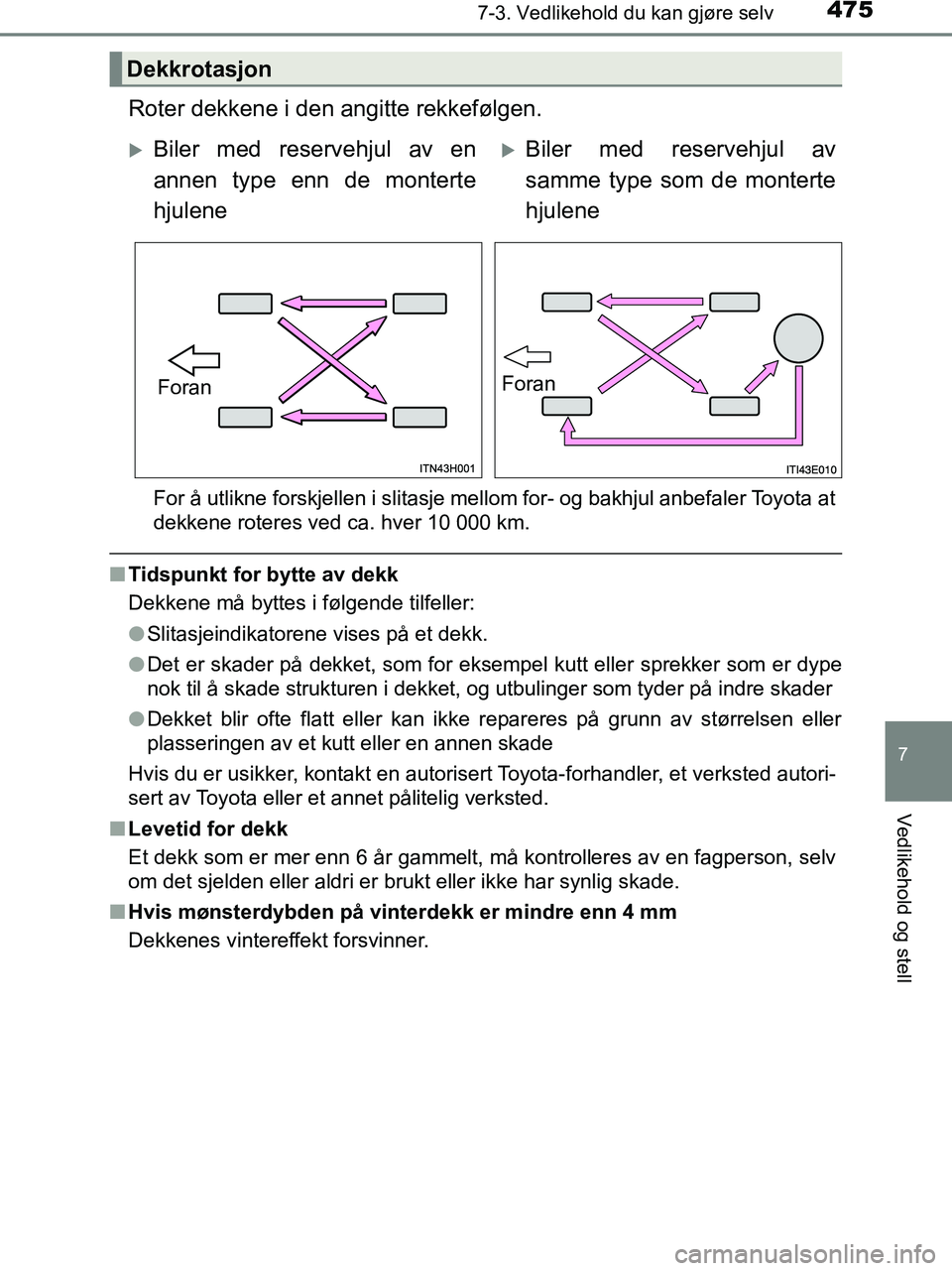 TOYOTA HILUX 2019  Instruksjoner for bruk (in Norwegian) 4757-3. Vedlikehold du kan gjøre selv
HILUX_OM_OM0K375NO_(EE)
7
Vedlikehold og stell
Roter dekkene i den angitte rekkefølgen.
For å utlikne forskjellen i slitasje mellom for- og bakhjul anbefaler T