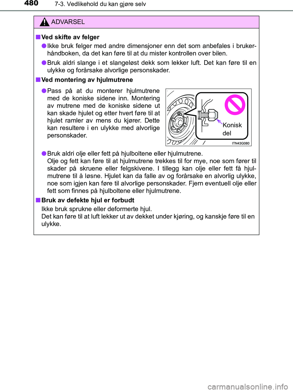 TOYOTA HILUX 2019  Instruksjoner for bruk (in Norwegian) 4807-3. Vedlikehold du kan gjøre selv
HILUX_OM_OM0K375NO_(EE)
ADVARSEL
n Ved skifte av felger
l Ikke bruk felger med andre dimensjoner enn det som anbefales i bruker-
håndboken, da det kan føre til