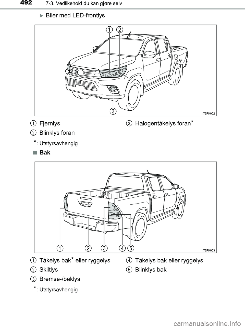 TOYOTA HILUX 2019  Instruksjoner for bruk (in Norwegian) 4927-3. Vedlikehold du kan gjøre selv
HILUX_OM_OM0K375NO_(EE)
Biler med LED-frontlys
*: Utstyrsavhengig
n
Bak
*: Utstyrsavhengig
Fjernlys
Blinklys foran Halogentåkelys foran*1
2
3
Tåkelys bak* e