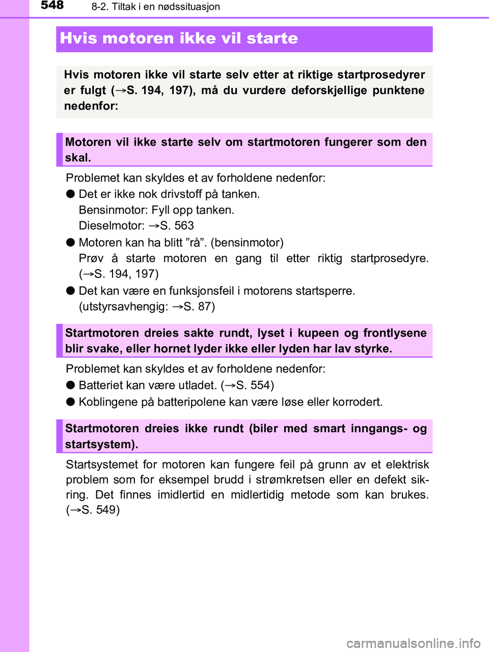 TOYOTA HILUX 2019  Instruksjoner for bruk (in Norwegian) 5488-2. Tiltak i en nødssituasjon
HILUX_OM_OM0K375NO_(EE)
Hvis motoren ikke vil starte
Problemet kan skyldes et av forholdene nedenfor:
lDet er ikke nok  drivstoff på tanken.
Bensinmotor: Fyll opp t