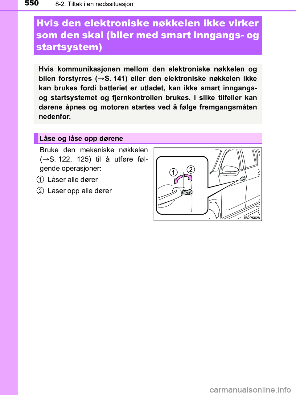 TOYOTA HILUX 2019  Instruksjoner for bruk (in Norwegian) 5508-2. Tiltak i en nødssituasjon
HILUX_OM_OM0K375NO_(EE)
Hvis den elektroniske nøkkelen ikke virker 
som den skal (biler med smart inngangs- og 
startsystem)
Bruke den mekaniske nøkkelen
(  S. 