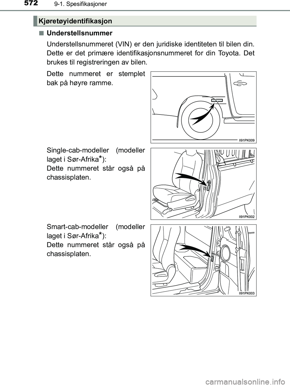 TOYOTA HILUX 2019  Instruksjoner for bruk (in Norwegian) 5729-1. Spesifikasjoner
HILUX_OM_OM0K375NO_(EE)n
Understellsnummer
Understellsnummeret (VIN) er den juridiske identiteten til bilen din.
Dette er det primære identifikasjonsnummeret for din Toyota. D