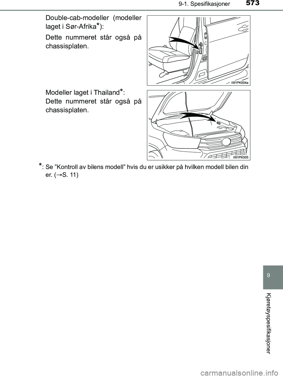 TOYOTA HILUX 2019  Instruksjoner for bruk (in Norwegian) 573
9
9-1. Spesifikasjoner
Kjøretøyspesifikasjoner
HILUX_OM_OM0K375NO_(EE)
Double-cab-modeller (modeller
laget i Sør-Afrika
*):
Dette nummeret står også på
chassisplaten.
Modeller laget i Thaila