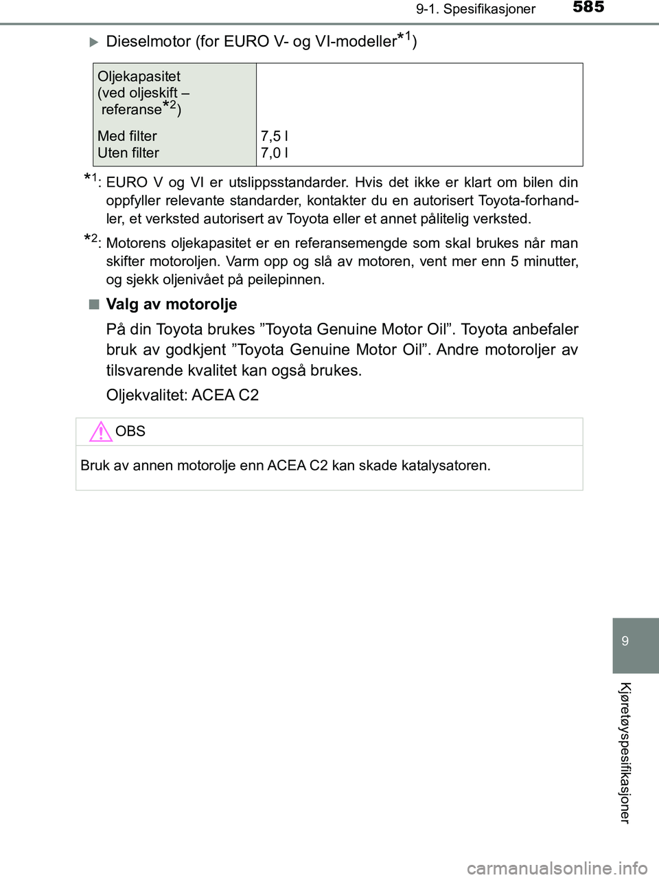 TOYOTA HILUX 2019  Instruksjoner for bruk (in Norwegian) 585
9
9-1. Spesifikasjoner
Kjøretøyspesifikasjoner
HILUX_OM_OM0K375NO_(EE)
Dieselmotor (for EURO V- og VI-modeller*1)
*1: EURO V og VI er utslippsstandarder. Hvis det ikke er klart om bilen dinop
