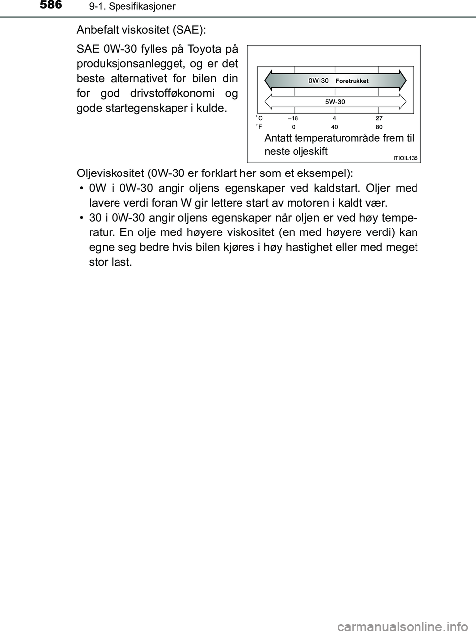 TOYOTA HILUX 2019  Instruksjoner for bruk (in Norwegian) 5869-1. Spesifikasjoner
HILUX_OM_OM0K375NO_(EE)
Anbefalt viskositet (SAE):
SAE 0W-30 fylles på Toyota på
produksjonsanlegget, og er det
beste alternativet for bilen din
for god drivstofføkonomi og
