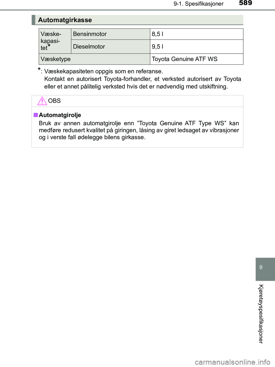 TOYOTA HILUX 2019  Instruksjoner for bruk (in Norwegian) 589
9
9-1. Spesifikasjoner
Kjøretøyspesifikasjoner
HILUX_OM_OM0K375NO_(EE)
*: Væskekapasiteten oppgis som en referanse.Kontakt en autorisert Toyota-forhandler, et verksted autorisert av Toyota
elle