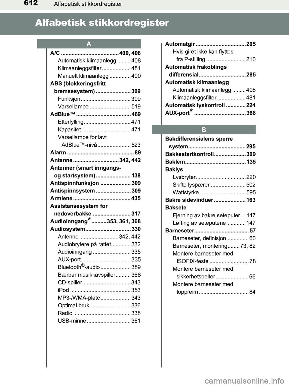 TOYOTA HILUX 2019  Instruksjoner for bruk (in Norwegian) 612Alfabetisk stikkordregister
HILUX_OM_OM0K375NO_(EE)
Alfabetisk stikkordregister
A/C ...................................... 400, 408
Automatisk klimaanlegg ......... 408
Klimaanleggsfilter .........