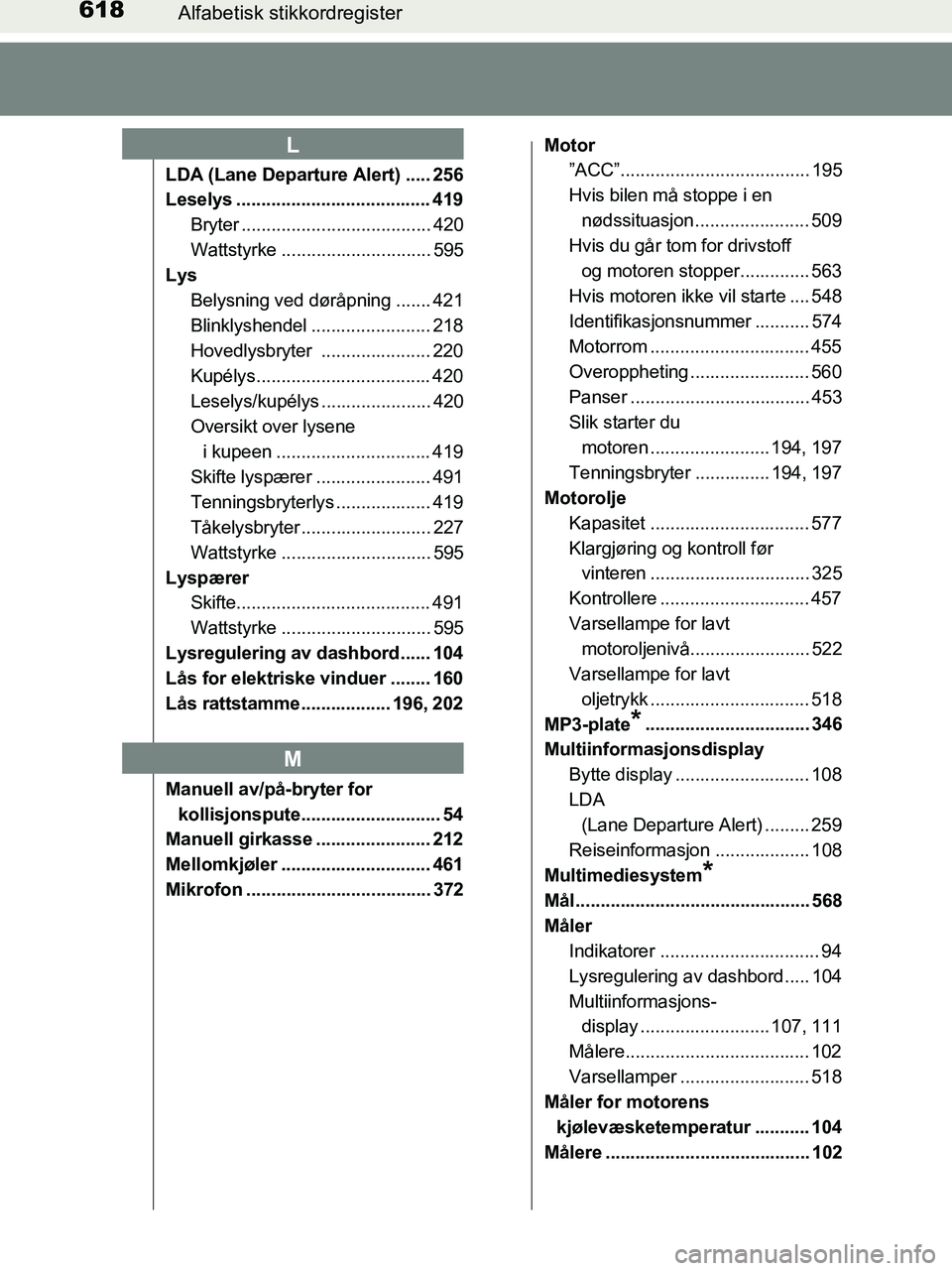 TOYOTA HILUX 2019  Instruksjoner for bruk (in Norwegian) 618Alfabetisk stikkordregister
HILUX_OM_OM0K375NO_(EE)
LDA (Lane Departure Alert) ..... 256
Leselys ....................................... 419
Bryter ...................................... 420
Wattst
