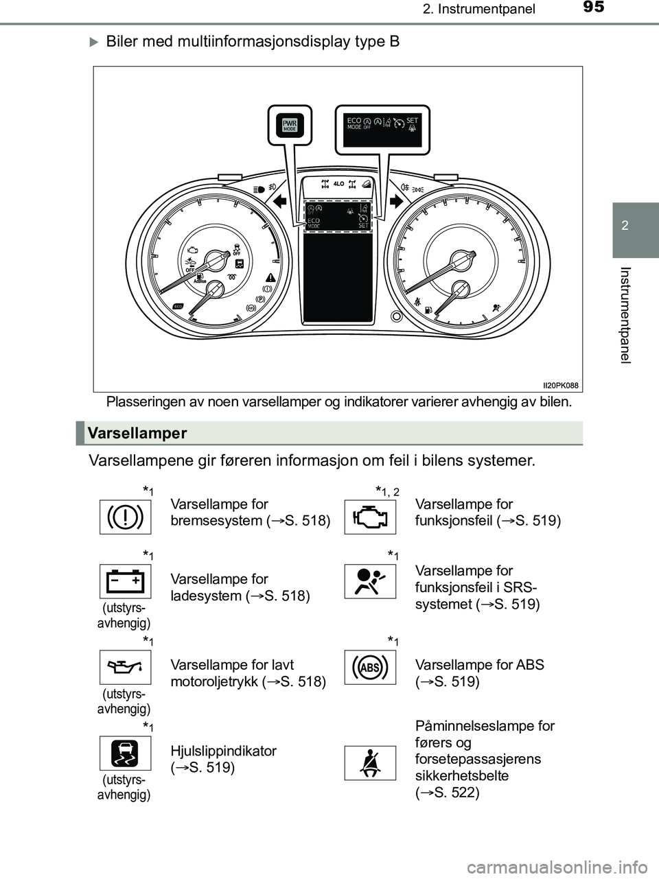 TOYOTA HILUX 2019  Instruksjoner for bruk (in Norwegian) 952. Instrumentpanel
2
Instrumentpanel
HILUX_OM_OM0K375NO_(EE)
Biler med multiinformasjonsdisplay type B
Plasseringen av noen varsellamper og indikatorer varierer avhengig av bilen.
Varsellampene g