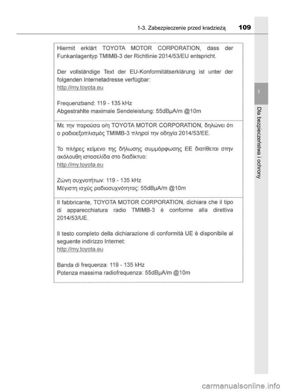 TOYOTA HILUX 2019  Instrukcja obsługi (in Polish) 1-3. Zabezpieczenie przed kradzie˝à109
1
Dla bezpieczeƒstwa i ochrony
31 Hilux OM0K375E  7/17/18  12:24 PM  Page 109    (Black plate) 