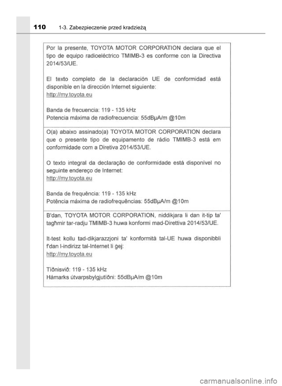 TOYOTA HILUX 2019  Instrukcja obsługi (in Polish) 1101-3. Zabezpieczenie przed kradzie˝à
31 Hilux OM0K375E  7/17/18  12:24 PM  Page 110    (Black plate) 