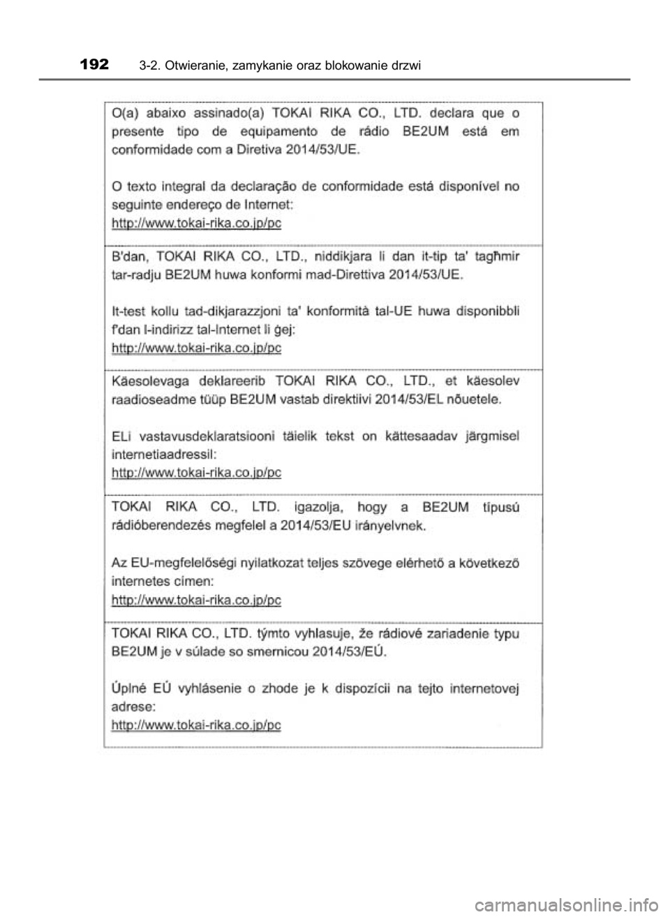 TOYOTA HILUX 2019  Instrukcja obsługi (in Polish) 1923-2. Otwieranie, zamykanie oraz blokowanie drzwi
31 Hilux OM0K375E  7/17/18  12:25 PM  Page 192    (Black plate) 