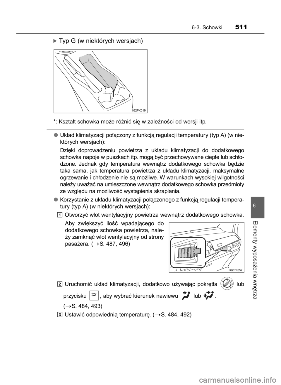 TOYOTA HILUX 2019  Instrukcja obsługi (in Polish) óTyp G (w niektórych wersjach)
*: Kszta∏t schowka mo˝e ró˝niç si´ w zale˝noÊci od wersji itp.
Uk∏ad klimatyzacji po∏àczony z funkcjà regulacji temperatury (typ A) (w nie-
których wer