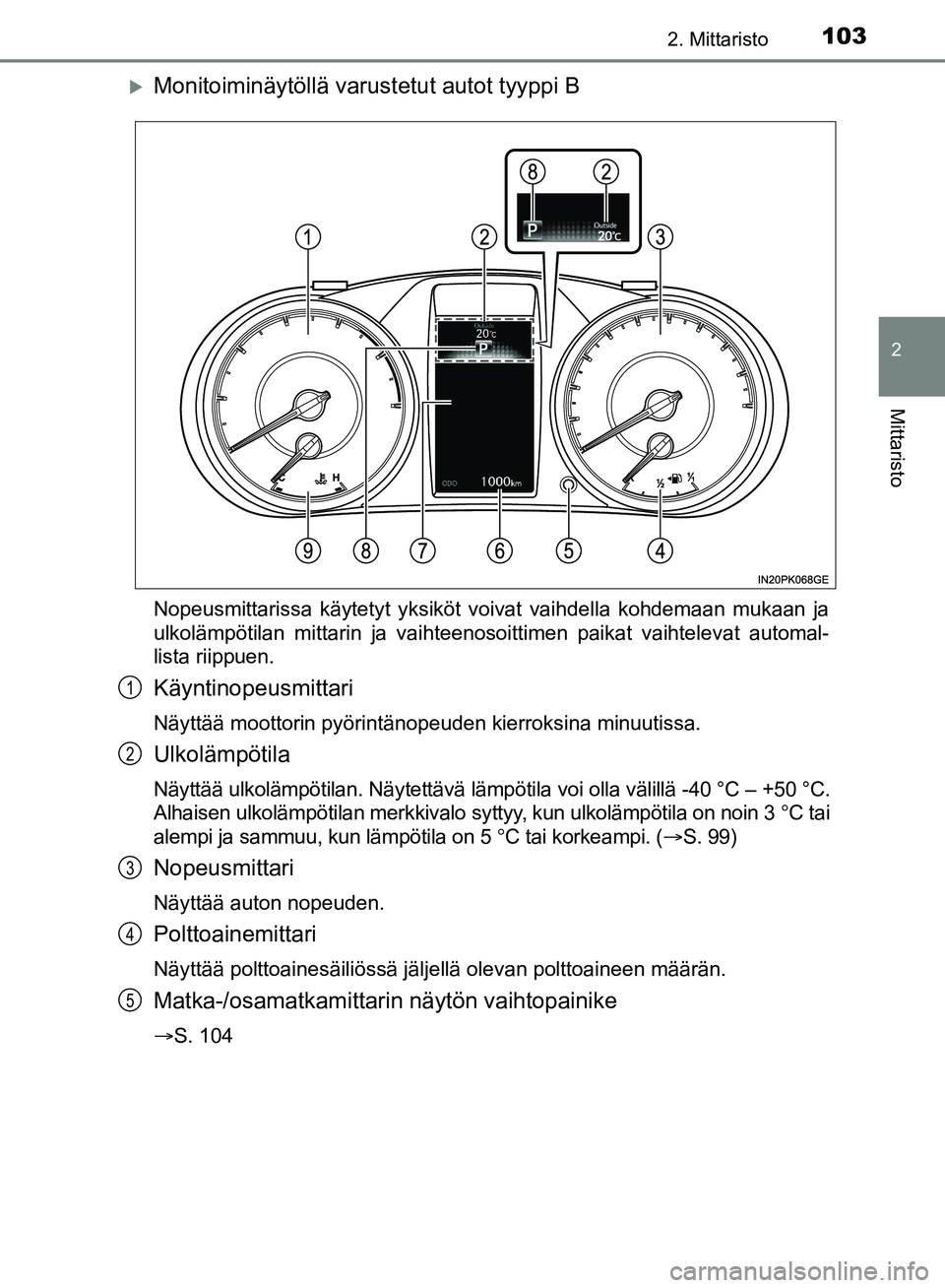 TOYOTA HILUX 2019  Omistajan Käsikirja (in Finnish) 1032. Mittaristo
2
Mittaristo
HILUX_OM_OM0K375FI_(EE)
Monitoiminäytöllä varustetut autot tyyppi B
Nopeusmittarissa käytetyt yksiköt voivat vaihdella kohdemaan mukaan ja
ulkolämpötilan mittar