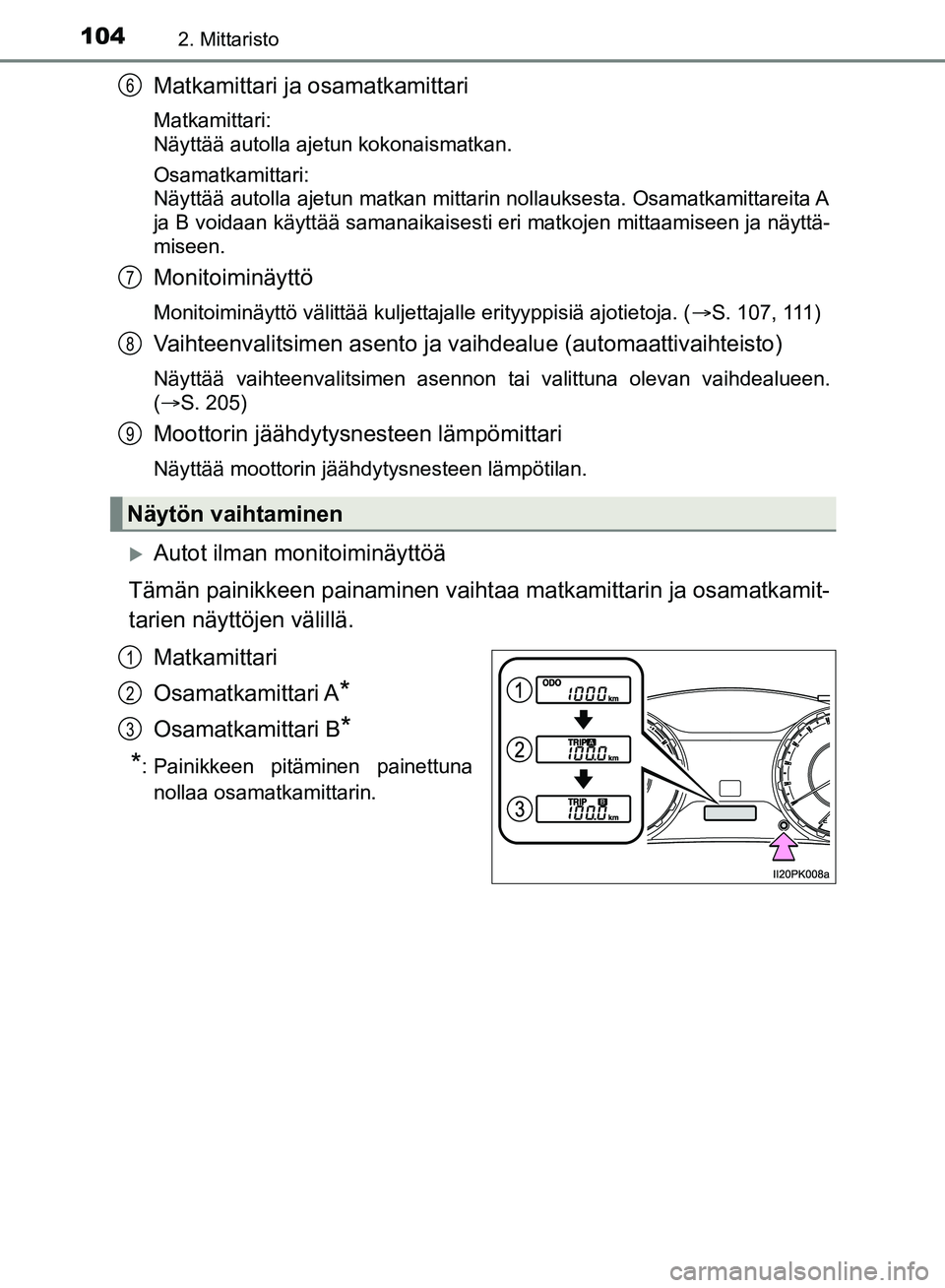 TOYOTA HILUX 2019  Omistajan Käsikirja (in Finnish) 1042. Mittaristo
HILUX_OM_OM0K375FI_(EE)
Matkamittari ja osamatkamittari
Matkamittari: 
Näyttää autolla ajetun kokonaismatkan.
Osamatkamittari: 
Näyttää autolla ajetun matkan mittarin nollaukses