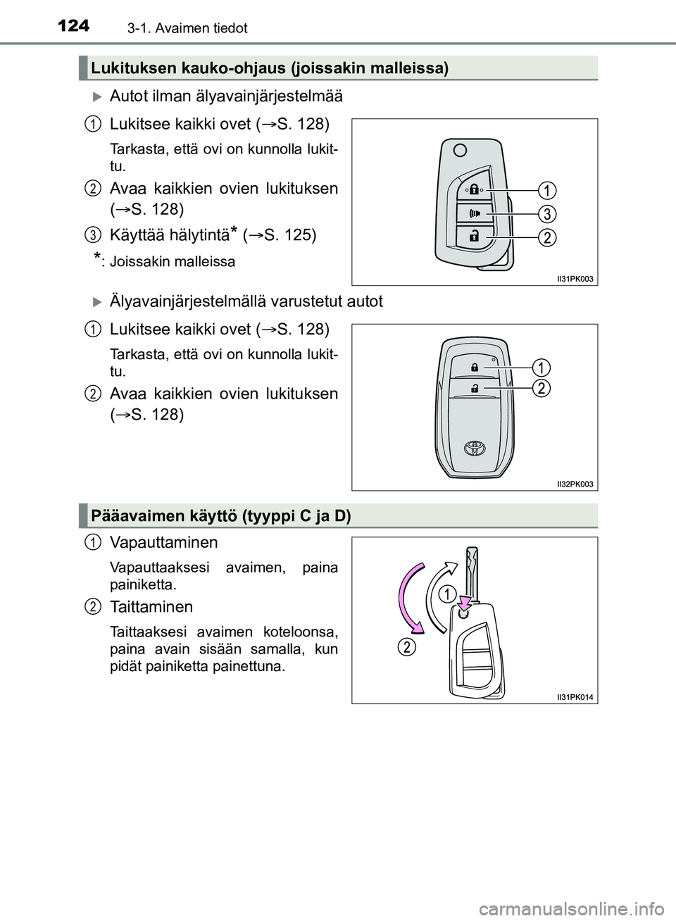 TOYOTA HILUX 2019  Omistajan Käsikirja (in Finnish) 1243-1. Avaimen tiedot
HILUX_OM_OM0K375FI_(EE)
Autot ilman älyavainjärjestelmää
Lukitsee kaikki ovet (S. 128)
Tarkasta, että ovi on kunnolla lukit-
tu.
Avaa kaikkien ovien lukituksen
( S
