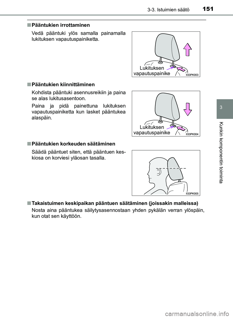 TOYOTA HILUX 2019  Omistajan Käsikirja (in Finnish) 1513-3. Istuimien säätö
3
Kunkin komponentin toiminta
HILUX_OM_OM0K375FI_(EE)
nPääntukien irrottaminen
n Pääntukien kiinnittäminen
n Pääntukien korkeuden säätäminen
n Takaistuimen keskipa