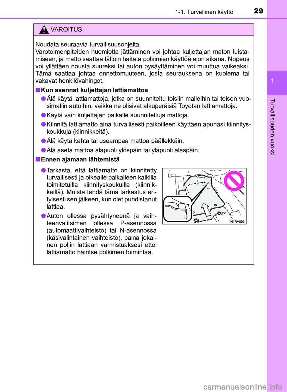 TOYOTA HILUX 2019 Omistajan Käsikirja (in Finnish) 291-1. Turvallinen käyttö
1
HILUX_OM_OM0K375FI_(EE)
Turvallisuuden vuoksi
VAROITUS
Noudata seuraavia turvallisuusohjeita.
Varotoimenpiteiden huomiotta jättäminen voi johtaa kuljettajan maton luis TOYOTA HILUX 2019 Omistajan Käsikirja (in Finnish) 291-1. Turvallinen käyttö
1
HILUX_OM_OM0K375FI_(EE)
Turvallisuuden vuoksi
VAROITUS
Noudata seuraavia turvallisuusohjeita.
Varotoimenpiteiden huomiotta jättäminen voi johtaa kuljettajan maton luis