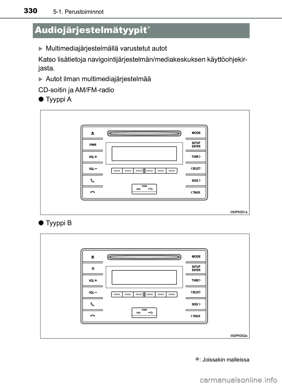 TOYOTA HILUX 2019  Omistajan Käsikirja (in Finnish) 3305-1. Perustoiminnot
HILUX_OM_OM0K375FI_(EE)
Audiojärjestelmätyypit
Multimediajärjestelmällä varustetut autot
Katso lisätietoja navigointijärjestelmän/mediakeskuksen käyttöohjekir-
j