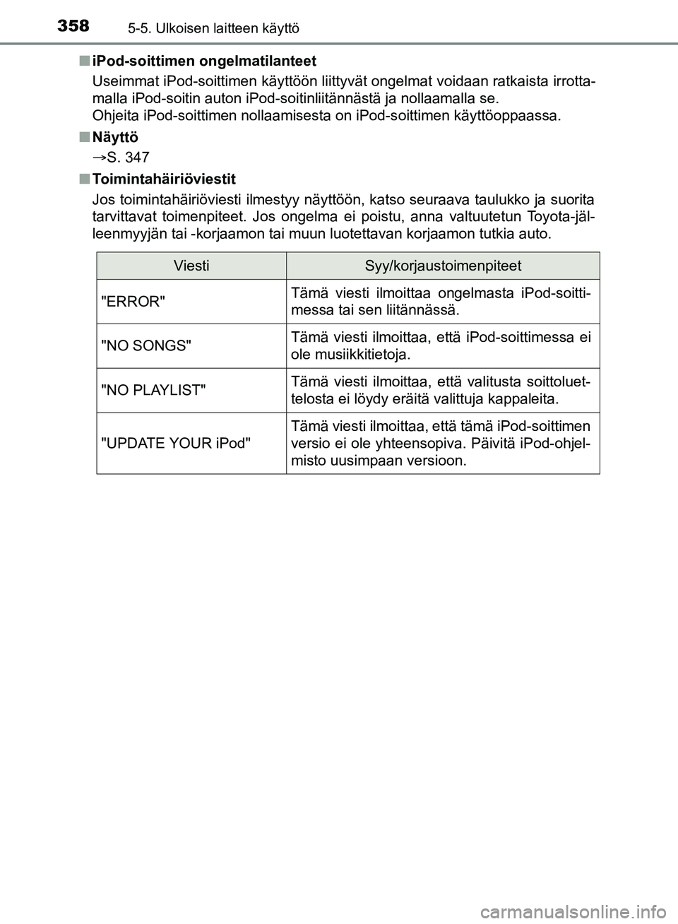 TOYOTA HILUX 2019 Omistajan Käsikirja (in Finnish) 3585-5. Ulkoisen laitteen käyttö
HILUX_OM_OM0K375FI_(EE)n
iPod-soittimen ongelmatilanteet
Useimmat iPod-soittimen käyttöön liittyvät ongelmat voidaan ratkaista irrotta-
malla iPod-soitin auton i TOYOTA HILUX 2019 Omistajan Käsikirja (in Finnish) 3585-5. Ulkoisen laitteen käyttö
HILUX_OM_OM0K375FI_(EE)n
iPod-soittimen ongelmatilanteet
Useimmat iPod-soittimen käyttöön liittyvät ongelmat voidaan ratkaista irrotta-
malla iPod-soitin auton i