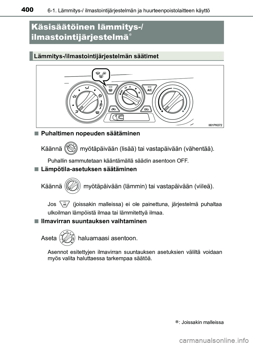 TOYOTA HILUX 2019  Omistajan Käsikirja (in Finnish) 4006-1. Lämmitys-/ ilmastointijärjestelmän ja huurteenpoistolaitteen käyttö
HILUX_OM_OM0K375FI_(EE)
Käsisäätöinen lämmitys-/
ilmastointijärjestelmä

nPuhaltimen nopeuden säätäminen
K