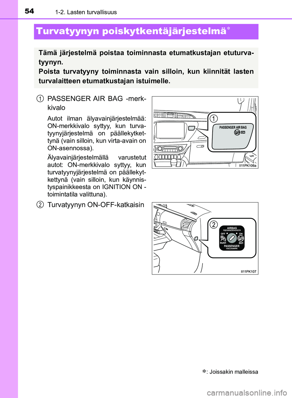 TOYOTA HILUX 2019  Omistajan Käsikirja (in Finnish) 541-2. Lasten turvallisuus
HILUX_OM_OM0K375FI_(EE)
Turvatyynyn poiskytkentäjärjestelmä
PASSENGER AIR BAG -merk-
kivalo
Autot ilman älyavainjärjestelmää:
ON-merkkivalo syttyy, kun turva-
tyyn