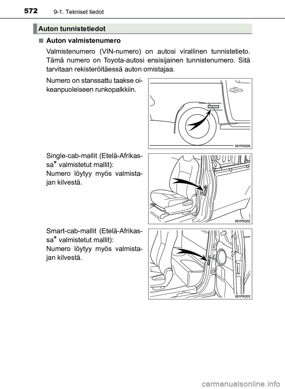 TOYOTA HILUX 2019  Omistajan Käsikirja (in Finnish) 5729-1. Tekniset tiedot
HILUX_OM_OM0K375FI_(EE)n
Auton valmistenumero
Valmistenumero (VIN-numero) on 
autosi virallinen tunnistetieto.
Tämä numero on Toyota-autosi ens isijainen tunnistenumero. Sit