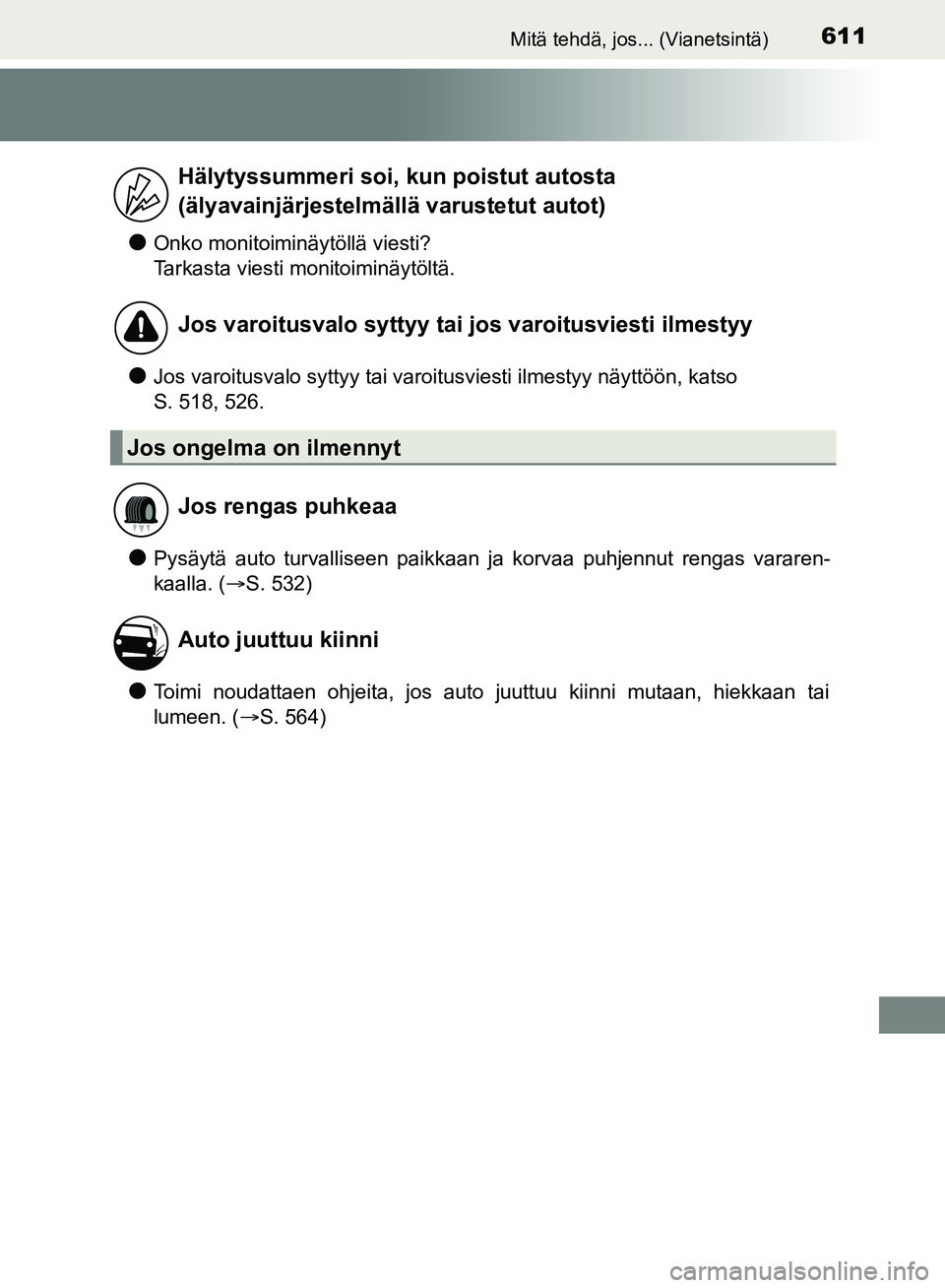 TOYOTA HILUX 2019  Omistajan Käsikirja (in Finnish) 611Mitä tehdä, jos... (Vianetsintä)
HILUX_OM_OM0K375FI_(EE)
lOnko monitoiminäytöllä viesti?
Tarkasta viesti monitoiminäytöltä.
lJos varoitusvalo syttyy tai varoitusviesti ilmestyy näyttöön