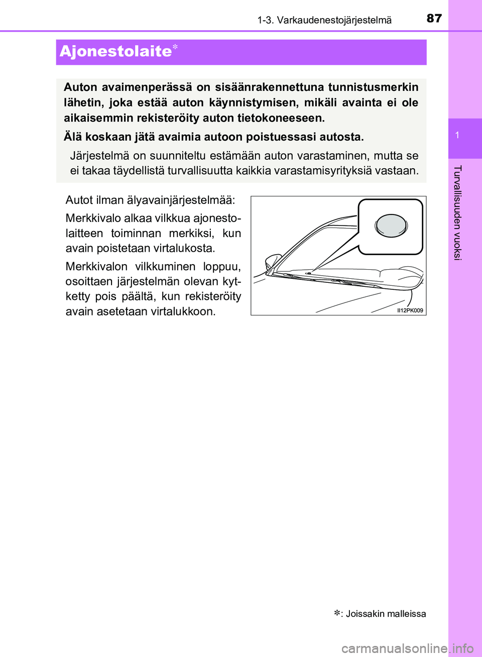 TOYOTA HILUX 2019  Omistajan Käsikirja (in Finnish) 87
1
1-3. Varkaudenestojärjestelmä
HILUX_OM_OM0K375FI_(EE)
Turvallisuuden vuoksi
Ajonestolaite
Autot ilman älyavainjärjestelmää:
Merkkivalo alkaa vilkkua ajonesto-
laitteen toiminnan merkiksi
