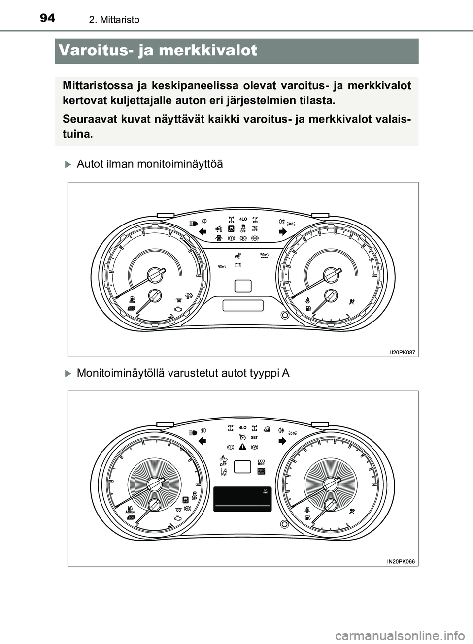 TOYOTA HILUX 2019  Omistajan Käsikirja (in Finnish) 942. Mittaristo
HILUX_OM_OM0K375FI_(EE)
Varoitus- ja merkkivalot
Autot ilman monitoiminäyttöä
Monitoiminäytöllä varustetut  autot  tyyppi A
Mittaristossa ja keskipaneelissa olevat varoitus