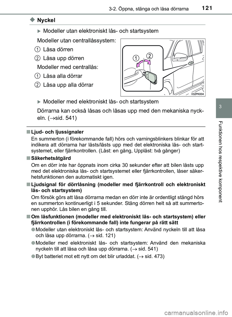 TOYOTA HILUX 2019  Bruksanvisningar (in Swedish) 1213-2. Öppna, stänga och låsa dörrarna
3
Funktionen hos respektive komponent
HILUX_OM_OM0K375SE
uNyckel
Modeller utan elektroniskt lås- och startsystem
Modeller utan centrallåssystem: Låsa 