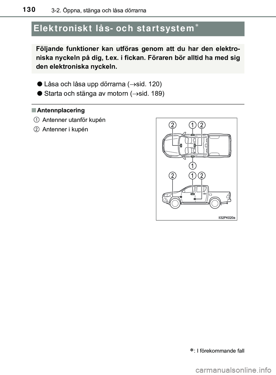 TOYOTA HILUX 2019  Bruksanvisningar (in Swedish) 1303-2. Öppna, stänga och låsa dörrarna
HILUX_OM_OM0K375SE
Elektroniskt lås- och startsystem
lLåsa och låsa upp dörrarna ( sid. 120)
l Starta och stänga av motorn ( sid. 189)
nAntenn