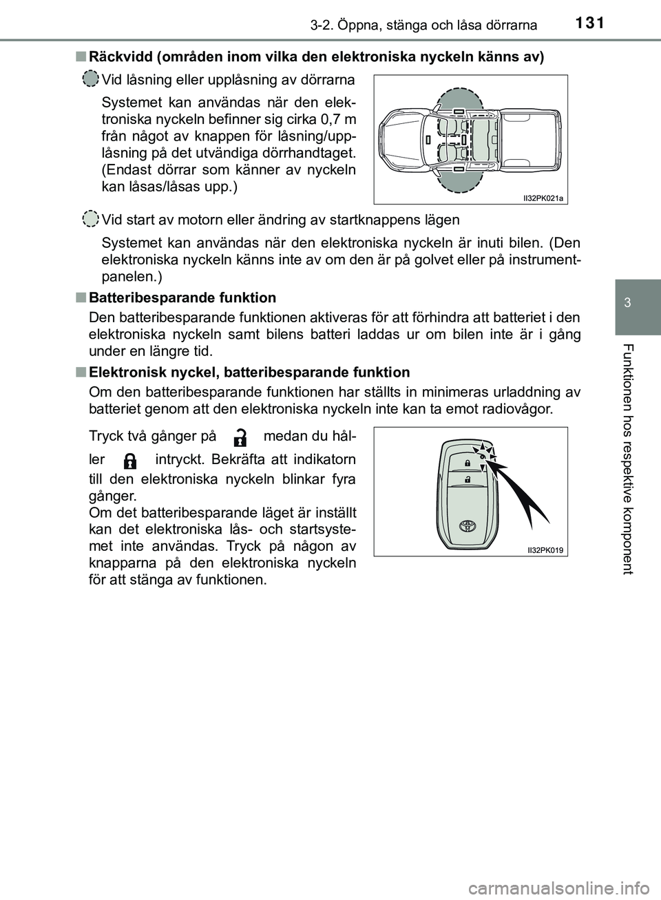 TOYOTA HILUX 2019  Bruksanvisningar (in Swedish) 1313-2. Öppna, stänga och låsa dörrarna
3
Funktionen hos respektive komponent
HILUX_OM_OM0K375SEn
Räckvidd (områden inom vilka den elektroniska nyckeln känns av)
Vid start av motorn eller ändr