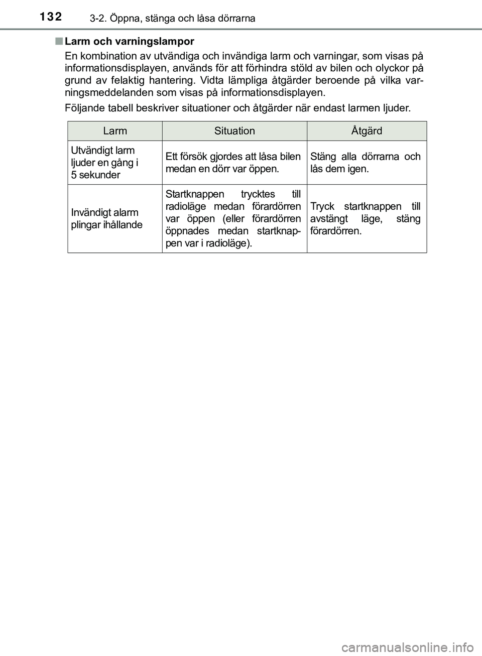 TOYOTA HILUX 2019  Bruksanvisningar (in Swedish) 1323-2. Öppna, stänga och låsa dörrarna
HILUX_OM_OM0K375SEn
Larm och varningslampor
En kombination av utvändiga och invändiga larm och varningar, som visas på
informationsdisplayen, används f