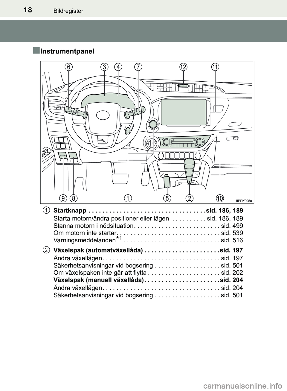 TOYOTA HILUX 2019  Bruksanvisningar (in Swedish) 18Bildregister
HILUX_OM_OM0K375SE
nInstrumentpanel
Startknapp  . . . . . . . . . . . . . . . . . . . . . . . . . . . . . . . . . . sid. 186, 189
Starta motorn/ändra positioner eller lägen  . . . . .