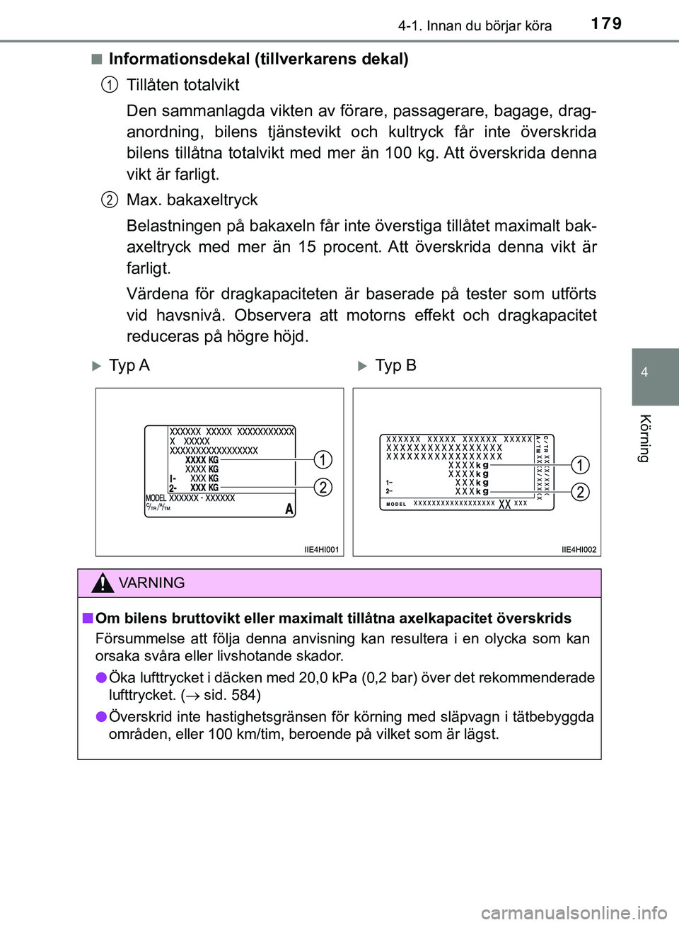 TOYOTA HILUX 2019  Bruksanvisningar (in Swedish) 1794-1. Innan du börjar köra
4
Körning
HILUX_OM_OM0K375SEn
Informationsdekal (tillverkarens dekal)
Tillåten totalvikt
Den sammanlagda vikten av förare, passagerare, bagage, drag-
anordning, bilen