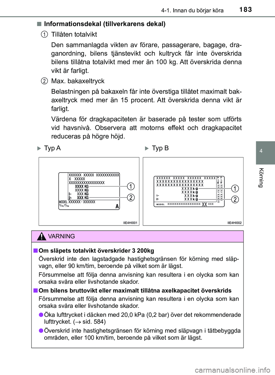 TOYOTA HILUX 2019  Bruksanvisningar (in Swedish) 1834-1. Innan du börjar köra
4
Körning
HILUX_OM_OM0K375SEn
Informationsdekal (tillverkarens dekal)
Tillåten totalvikt
Den sammanlagda vikten av förare, passagerare, bagage, dra-
ganordning, bilen