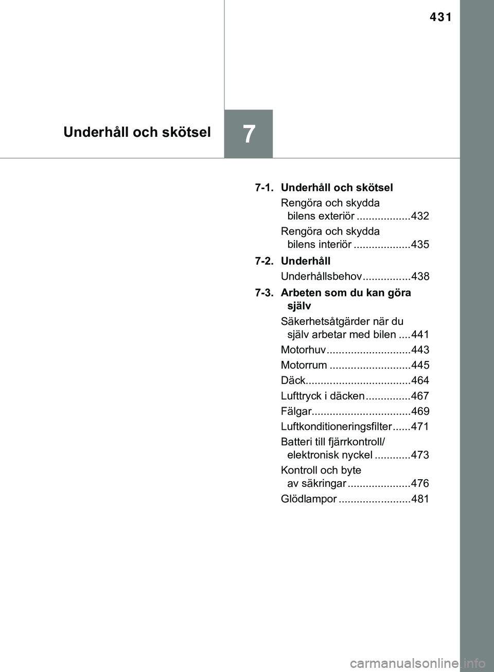 TOYOTA HILUX 2019  Bruksanvisningar (in Swedish) 431
7Underhåll och skötsel
HILUX_OM_OM0K375SE7-1. Underhåll och skötsel
Rengöra och skydda bilens exteriör .................. 432
Rengöra och skydda  bilens interiör ................... 435
7-