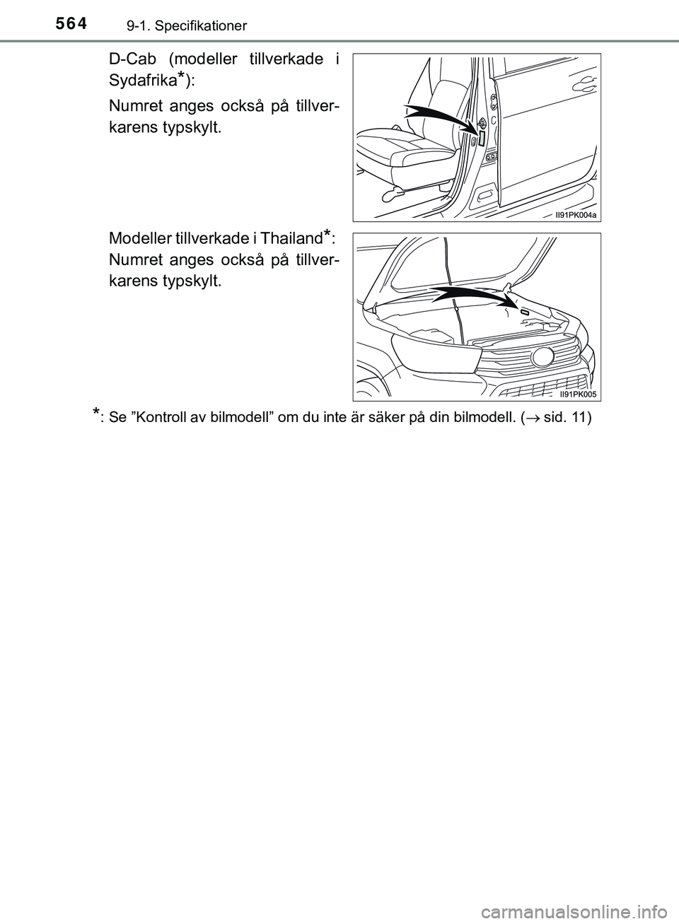 TOYOTA HILUX 2019  Bruksanvisningar (in Swedish) 5649-1. Specifikationer
HILUX_OM_OM0K375SE
D-Cab (modeller tillverkade i
Sydafrika
*):
Numret anges också på tillver-
karens typskylt.
Modeller tillverkade i Thailand
*:
Numret anges också på till