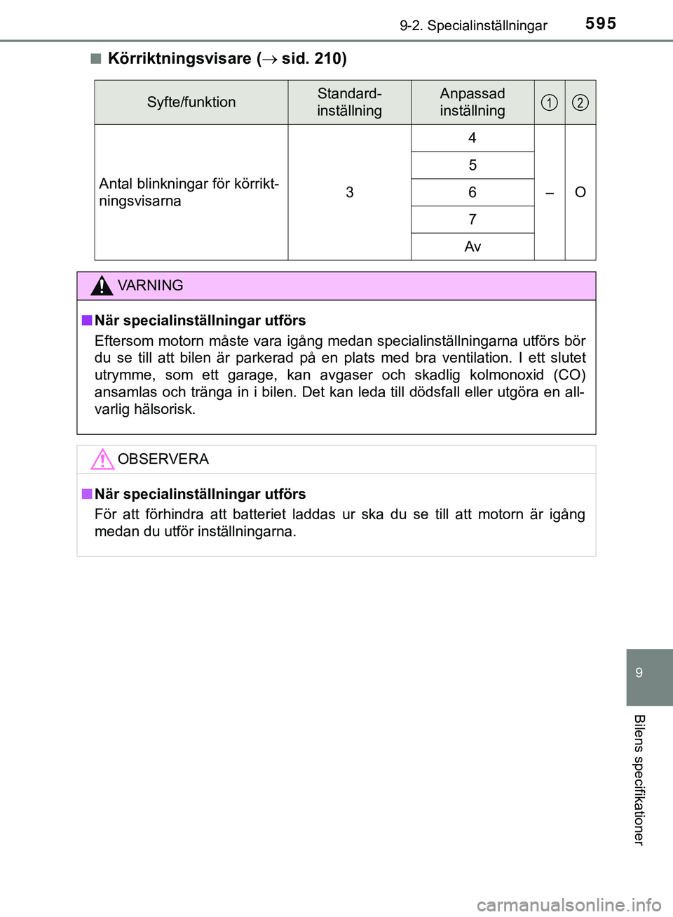TOYOTA HILUX 2019  Bruksanvisningar (in Swedish) 5959-2. Specialinställningar
HILUX_OM_OM0K375SE
9
Bilens specifikationer
nKörriktningsvisare (sid. 210)
Syfte/funktionStandard-
inställningAnpassad
inställning
Antal blinkningar för körrikt-
