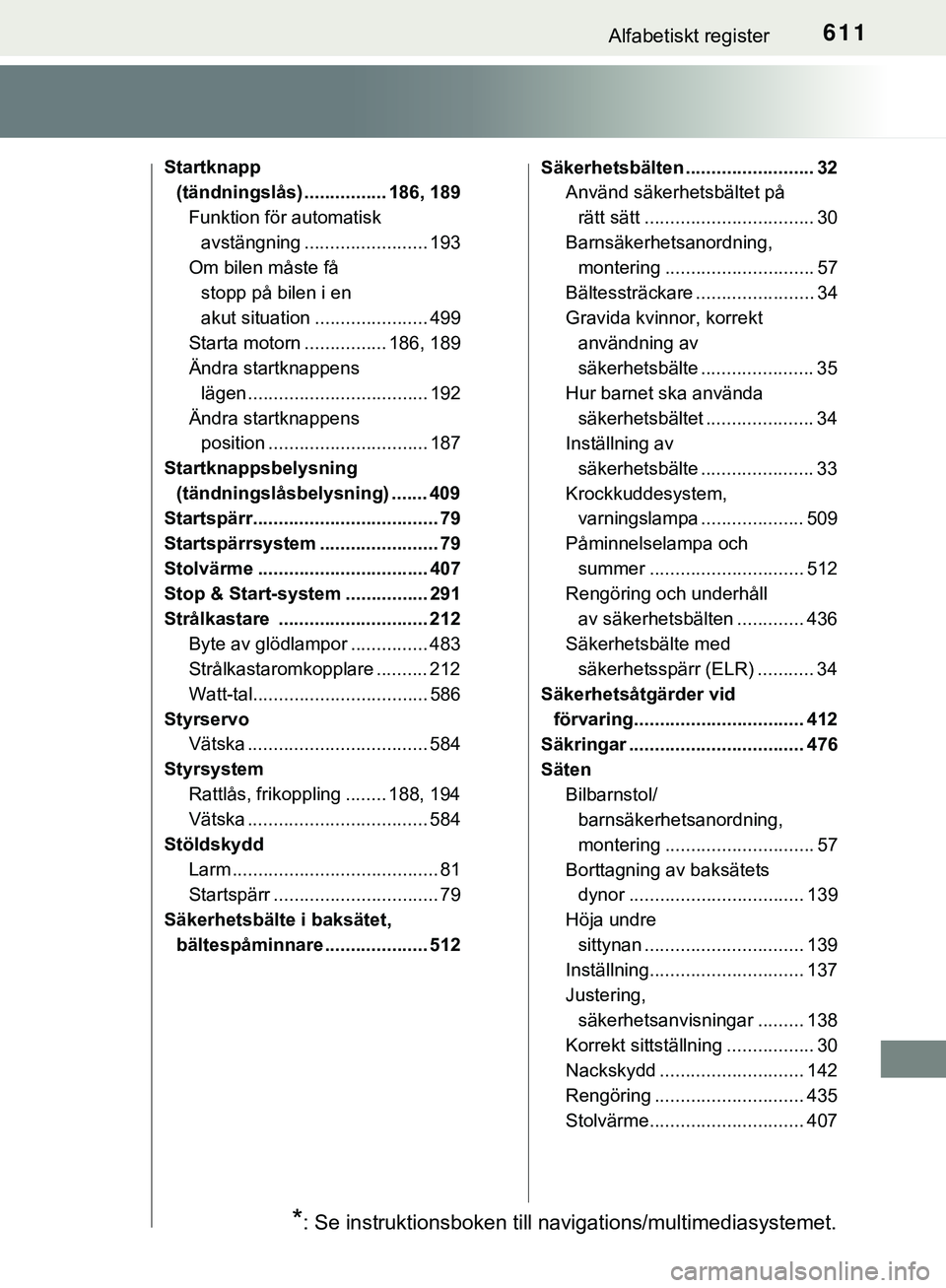 TOYOTA HILUX 2019  Bruksanvisningar (in Swedish) 611Alfabetiskt register
HILUX_OM_OM0K375SE
Startknapp (tändningslås) ................ 186, 189
Funktion för automatisk avstängning ........................ 193
Om bilen måste få 
stopp på bilen