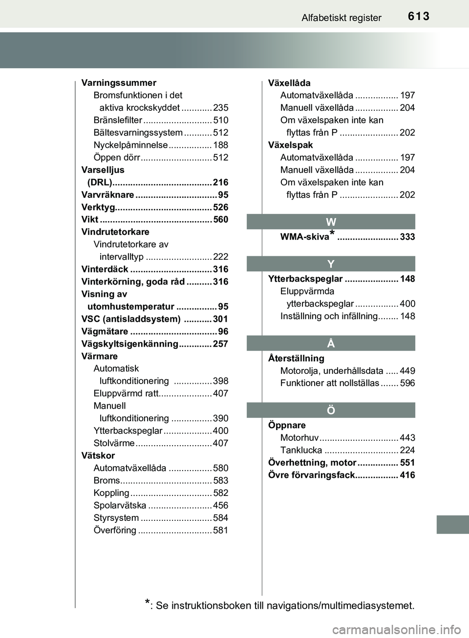 TOYOTA HILUX 2019  Bruksanvisningar (in Swedish) 613Alfabetiskt register
HILUX_OM_OM0K375SE
VarningssummerBromsfunktionen i det 
aktiva krockskyddet ............ 235
Bränslefilter ........................... 510
Bältesvarningssystem ........... 51