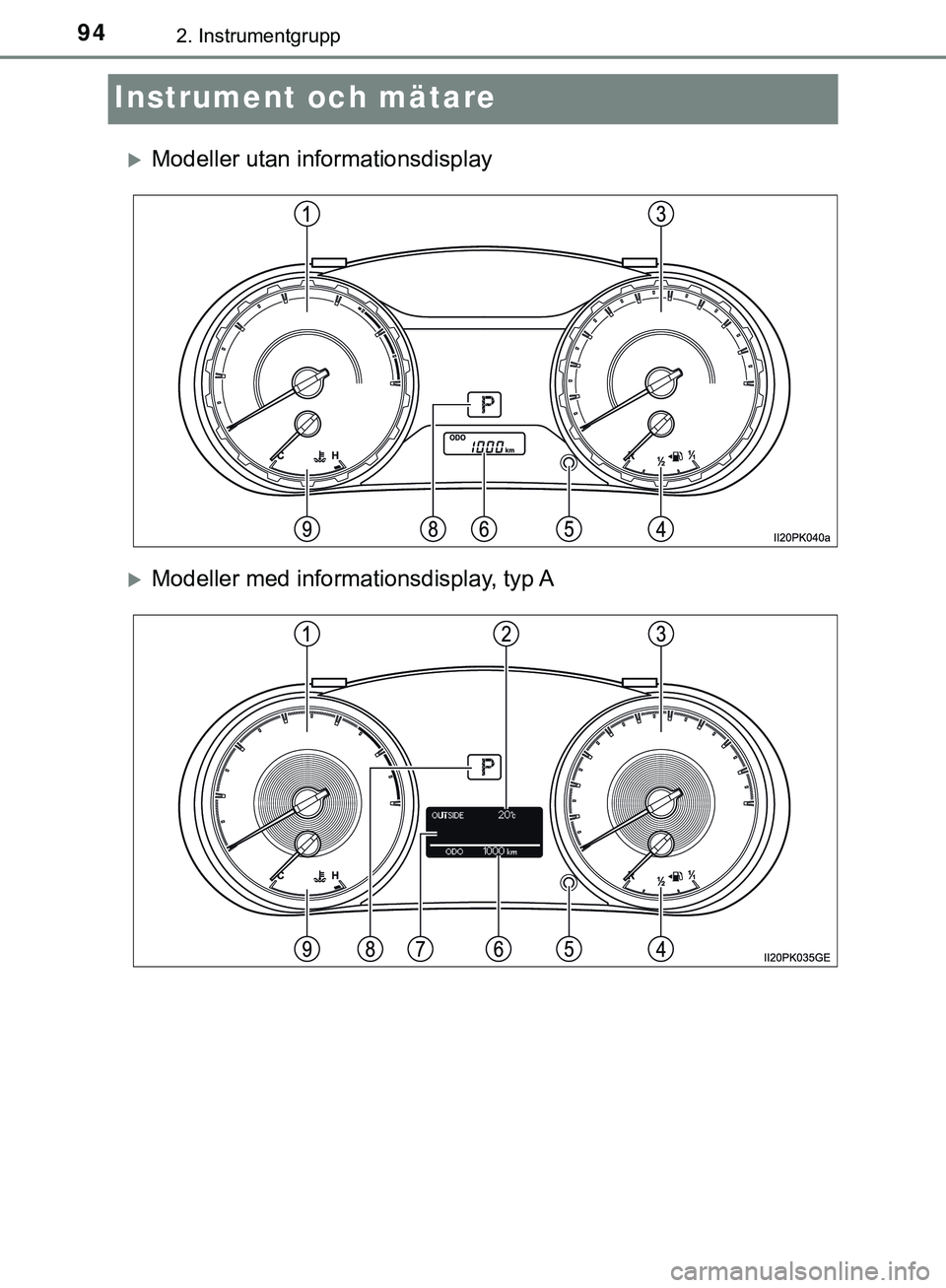 TOYOTA HILUX 2019  Bruksanvisningar (in Swedish) 942. Instrumentgrupp
HILUX_OM_OM0K375SE
Instrument och mätare
Modeller utan informationsdisplay
Modeller med informationsdisplay,  typ A
HILUX_OM_OM0K375SE.book  Page 94  Monday, June 18, 2018 
