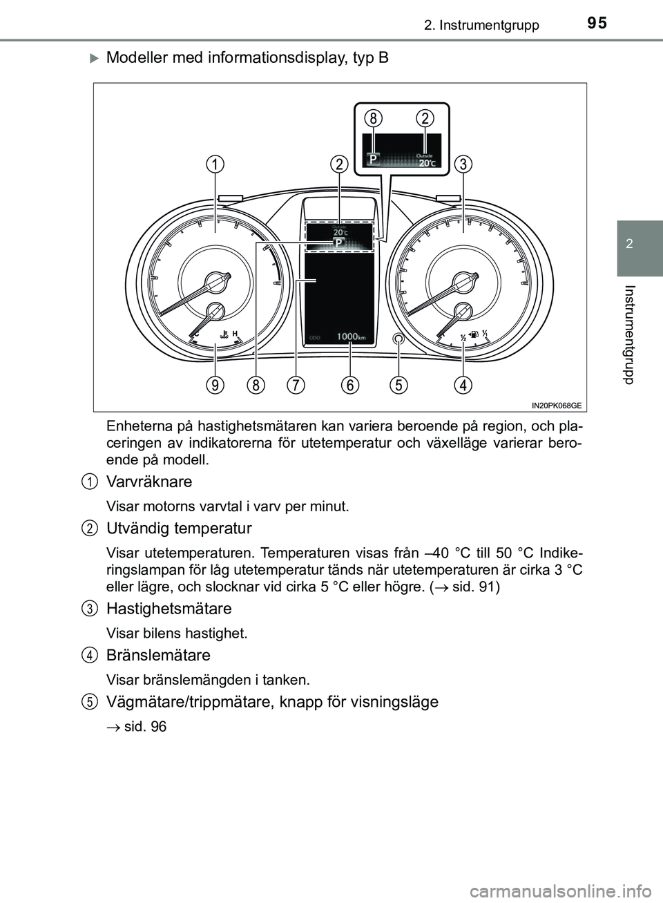 TOYOTA HILUX 2019  Bruksanvisningar (in Swedish) 952. Instrumentgrupp
2
Instrumentgrupp
HILUX_OM_OM0K375SE
Modeller med informationsdisplay, typ B
Enheterna på hastighetsmätaren kan variera beroende på region, och pla-
ceringen av indikatorern
