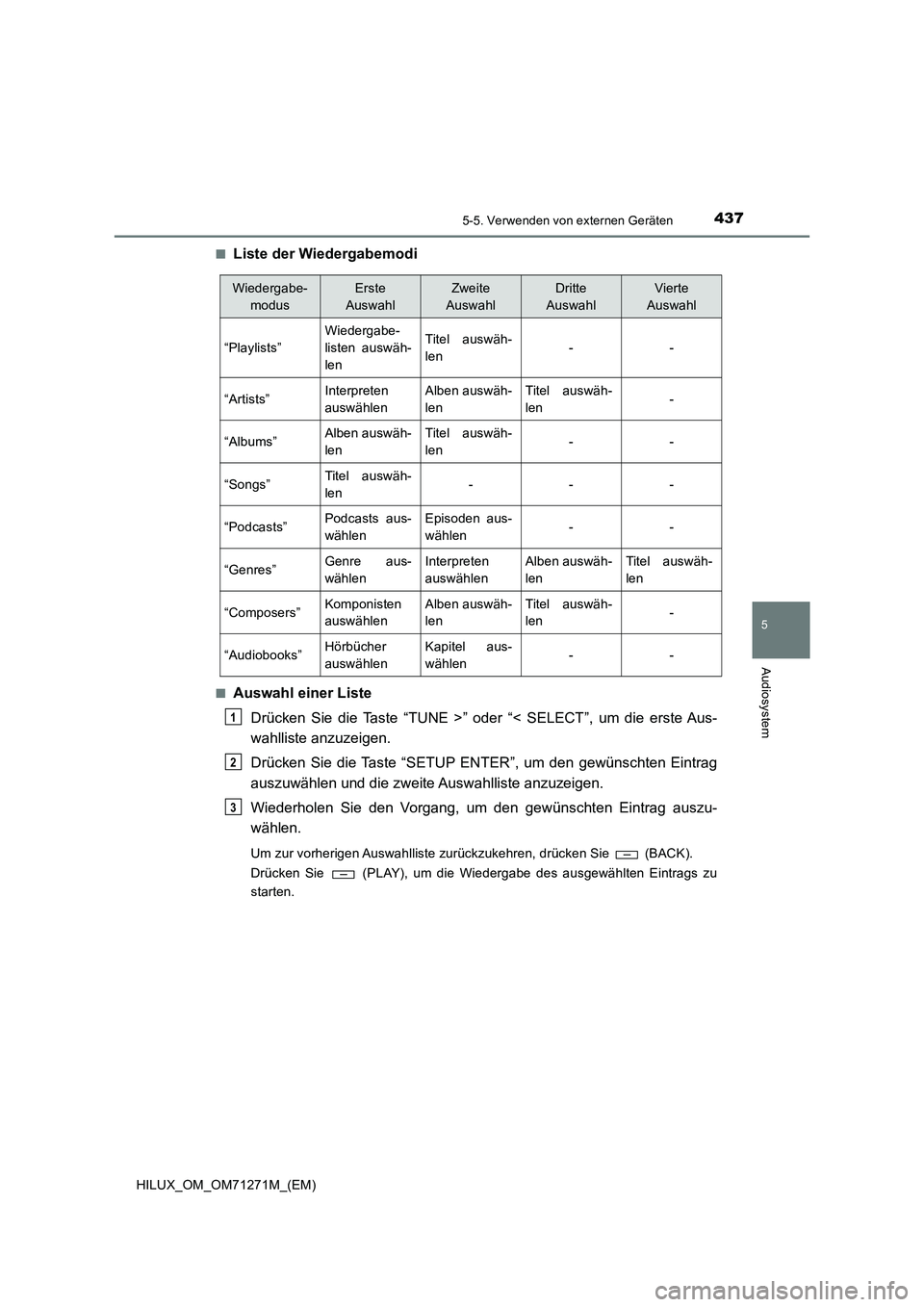 TOYOTA HILUX 2018  Betriebsanleitungen (in German) 4375-5. Verwenden von externen Geräten
5
Audiosystem
HILUX_OM_OM71271M_(EM)■
Liste der Wiedergabemodi
■Auswahl einer Liste
Drücken Sie die Taste “TUNE >” oder “< SELECT”, um die erste Au