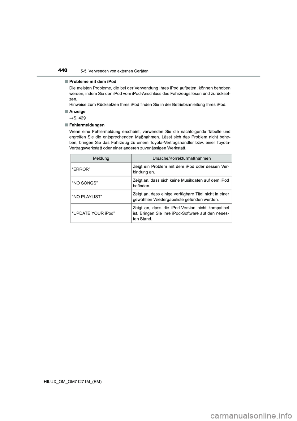 TOYOTA HILUX 2018  Betriebsanleitungen (in German) 4405-5. Verwenden von externen Geräten
HILUX_OM_OM71271M_(EM)■Probleme mit dem iPod
Die meisten Probleme, die bei der Verwendung Ihres iPod auftreten, können behoben
werden, indem Sie den iPod vom