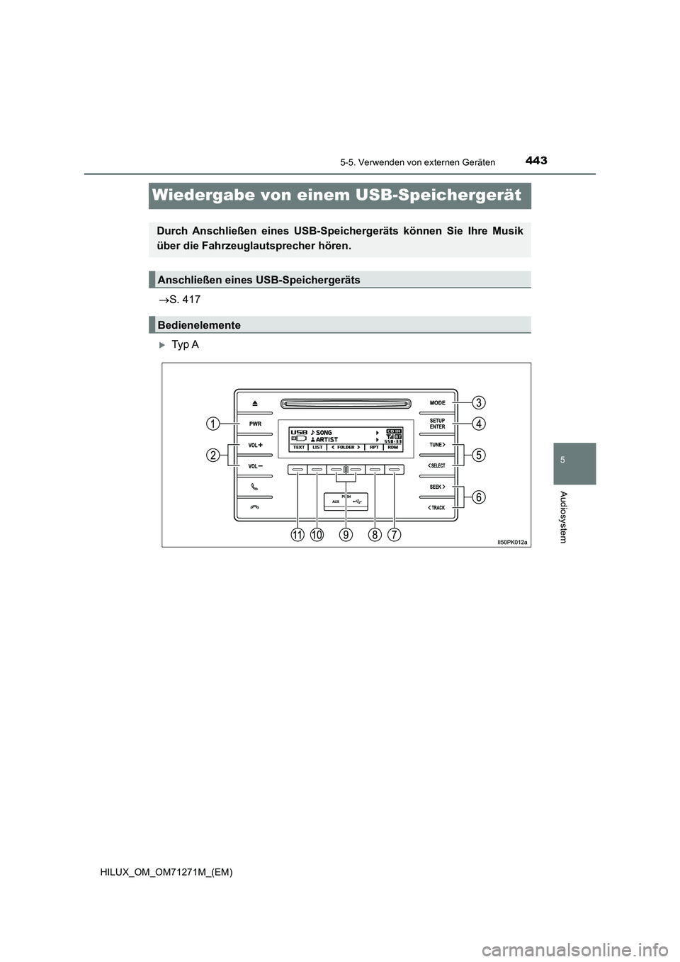 TOYOTA HILUX 2018  Betriebsanleitungen (in German) 443
5
5-5. Verwenden von externen Geräten
Audiosystem
HILUX_OM_OM71271M_(EM)
Wiedergabe von einem USB-Speichergerät
S. 417
Ty p  A
Durch Anschließen  eines USB-Speichergeräts können Sie Ihr