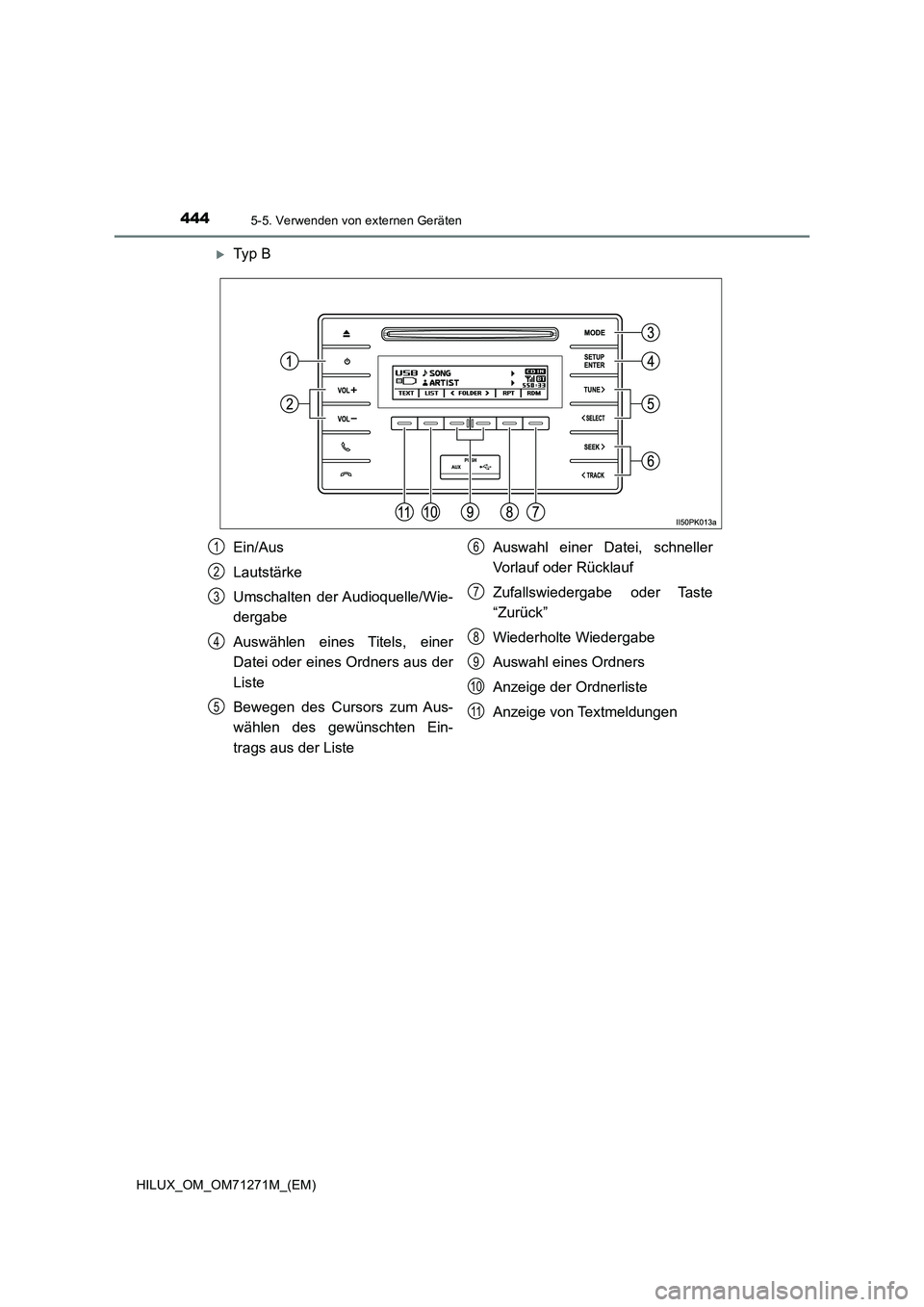 TOYOTA HILUX 2018  Betriebsanleitungen (in German) 4445-5. Verwenden von externen Geräten
HILUX_OM_OM71271M_(EM)
Ty p  B
Ein/Aus
Lautstärke
Umschalten der Audioquelle/Wie-
dergabe
Auswählen eines Titels, einer
Datei oder eines Ordners aus der
Li