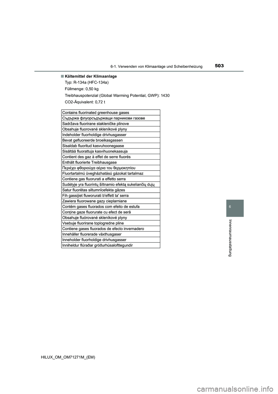 TOYOTA HILUX 2018  Betriebsanleitungen (in German) 5036-1. Verwenden von Klimaanlage und Scheibenheizung
6
Innenraumausstattung
HILUX_OM_OM71271M_(EM)■Kältemittel der Klimaanlage
Typ: R-134a (HFC-134a)
Füllmenge: 0,50 kg
Treibhauspotenzial (Global